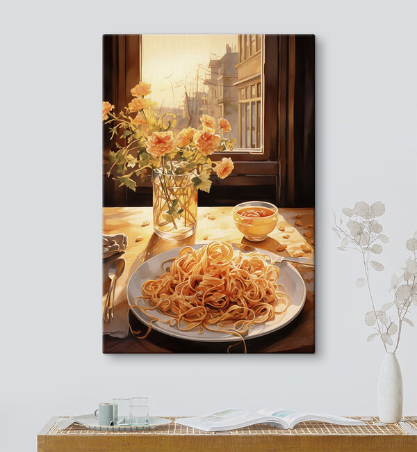 Plate of pasta and a vase of flowers