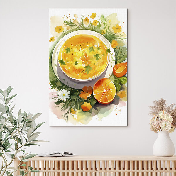 Cuadros Cuenco de sopa de naranja con flores y hojas
