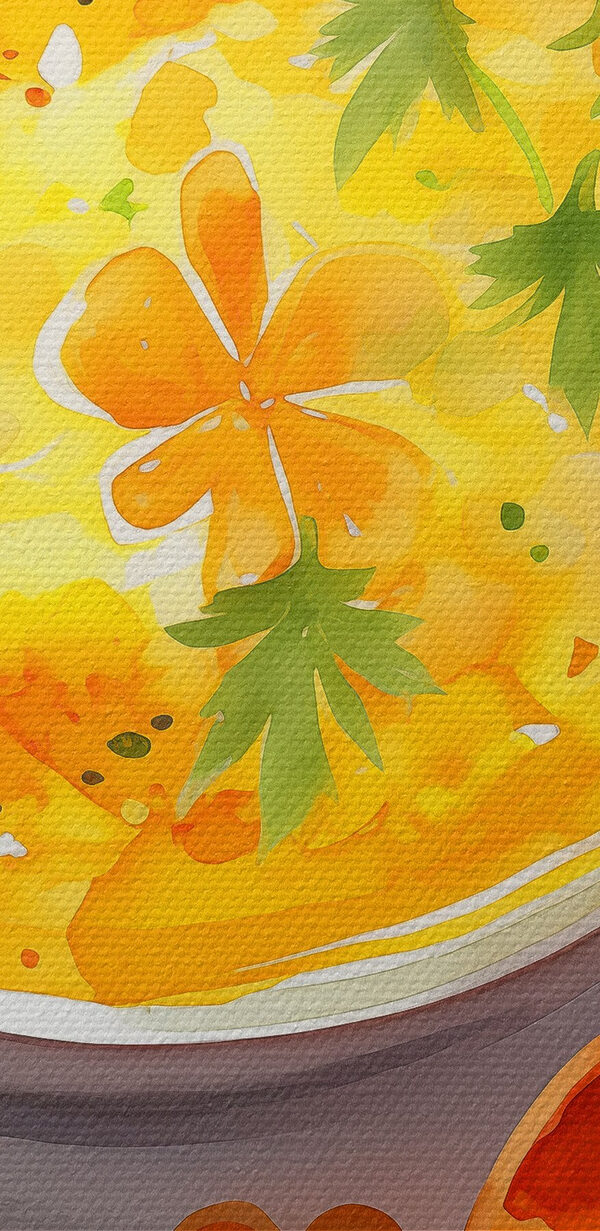 Bowl of orange soup with flowers and leaves Bowl of orange soup with flowers and leaves