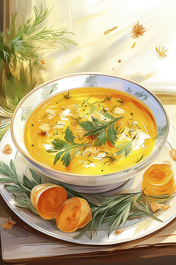Bowl of soup with greens on a plate Bowl of soup with greens on a plate