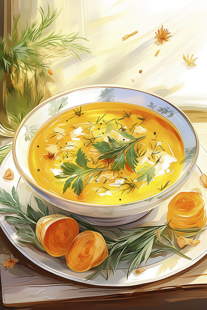 Bowl of soup with greens on a plate Bowl of soup with greens on a plate