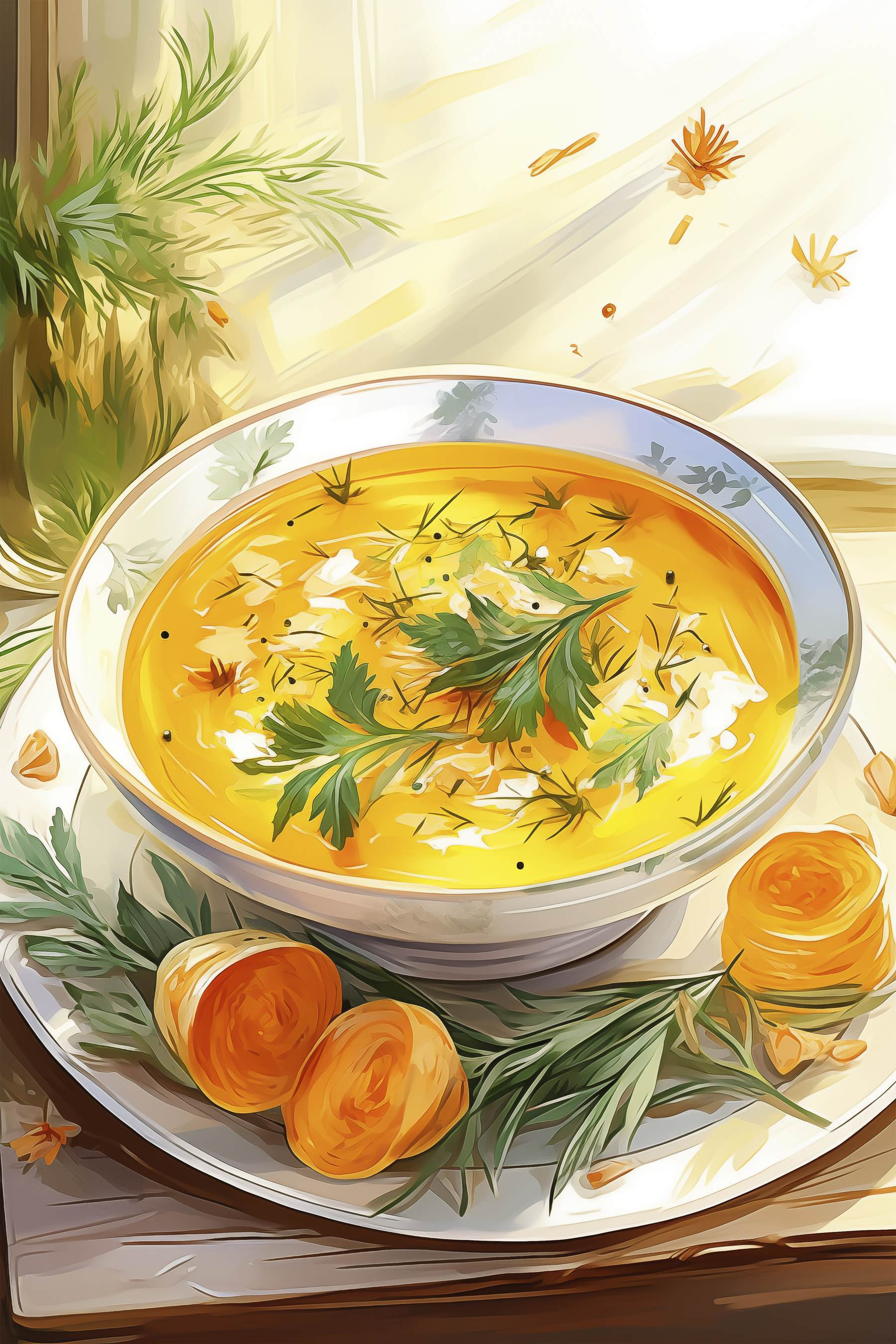 Bowl of soup with greens on a plate Bowl of soup with greens on a plate