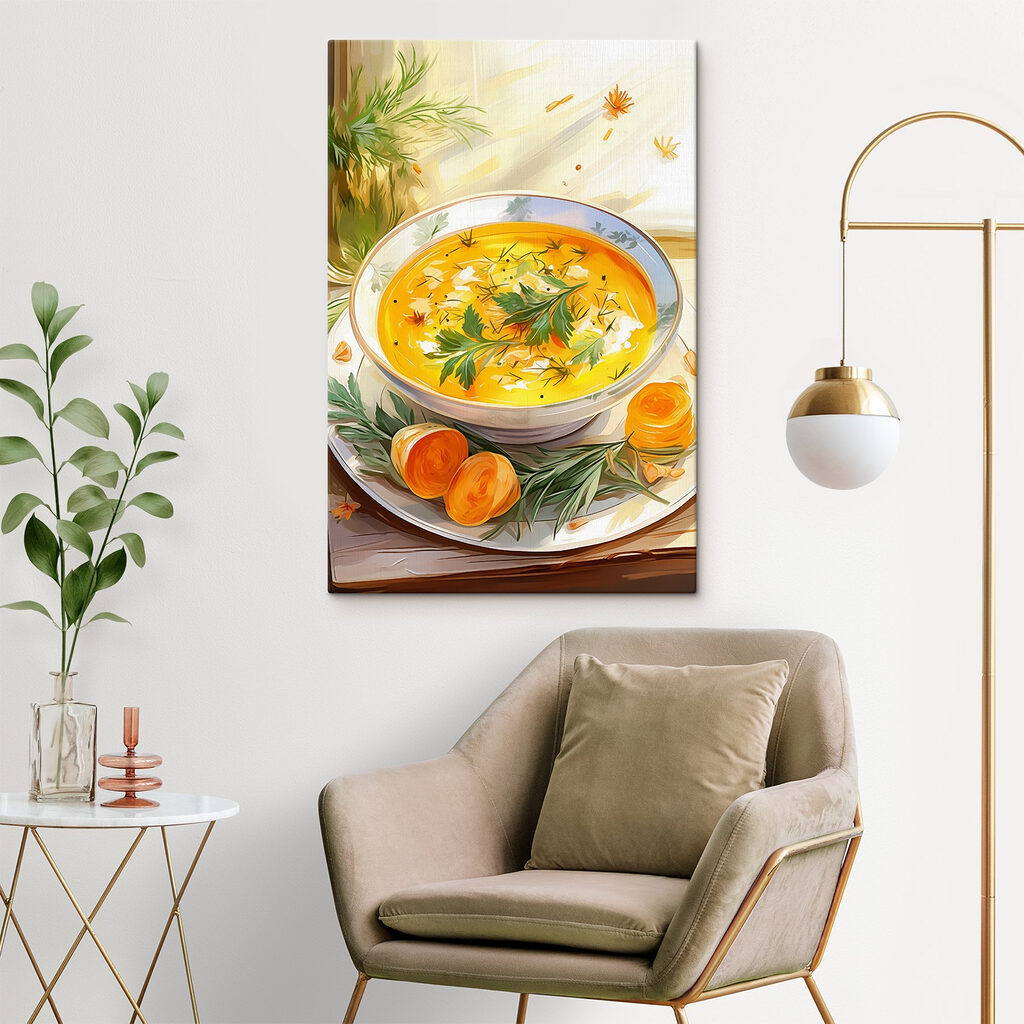 Bowl of soup with greens on a plate Bowl of soup with greens on a plate