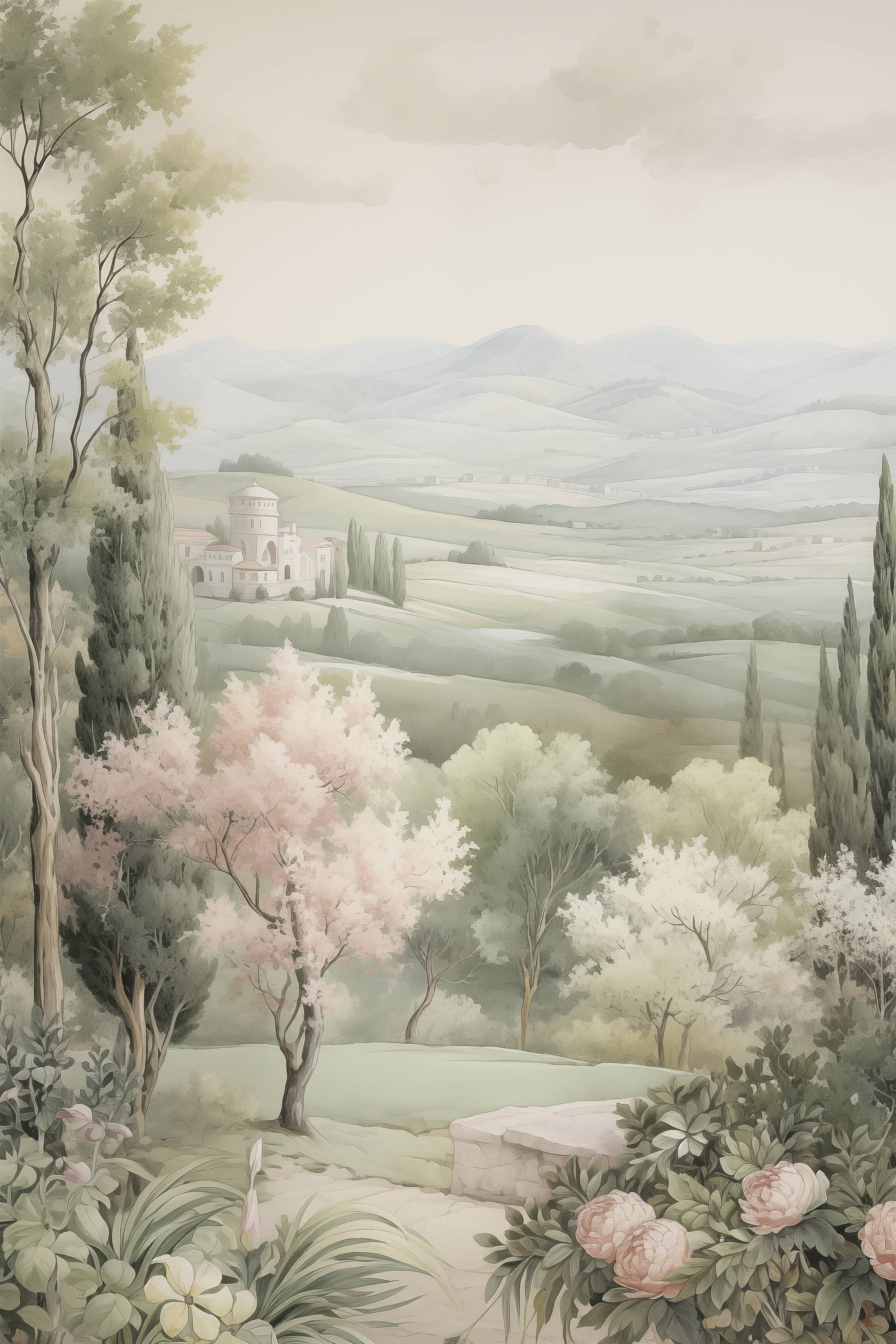 Landscape with trees and a building