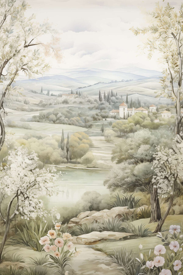 Painting of a landscape with trees and a river