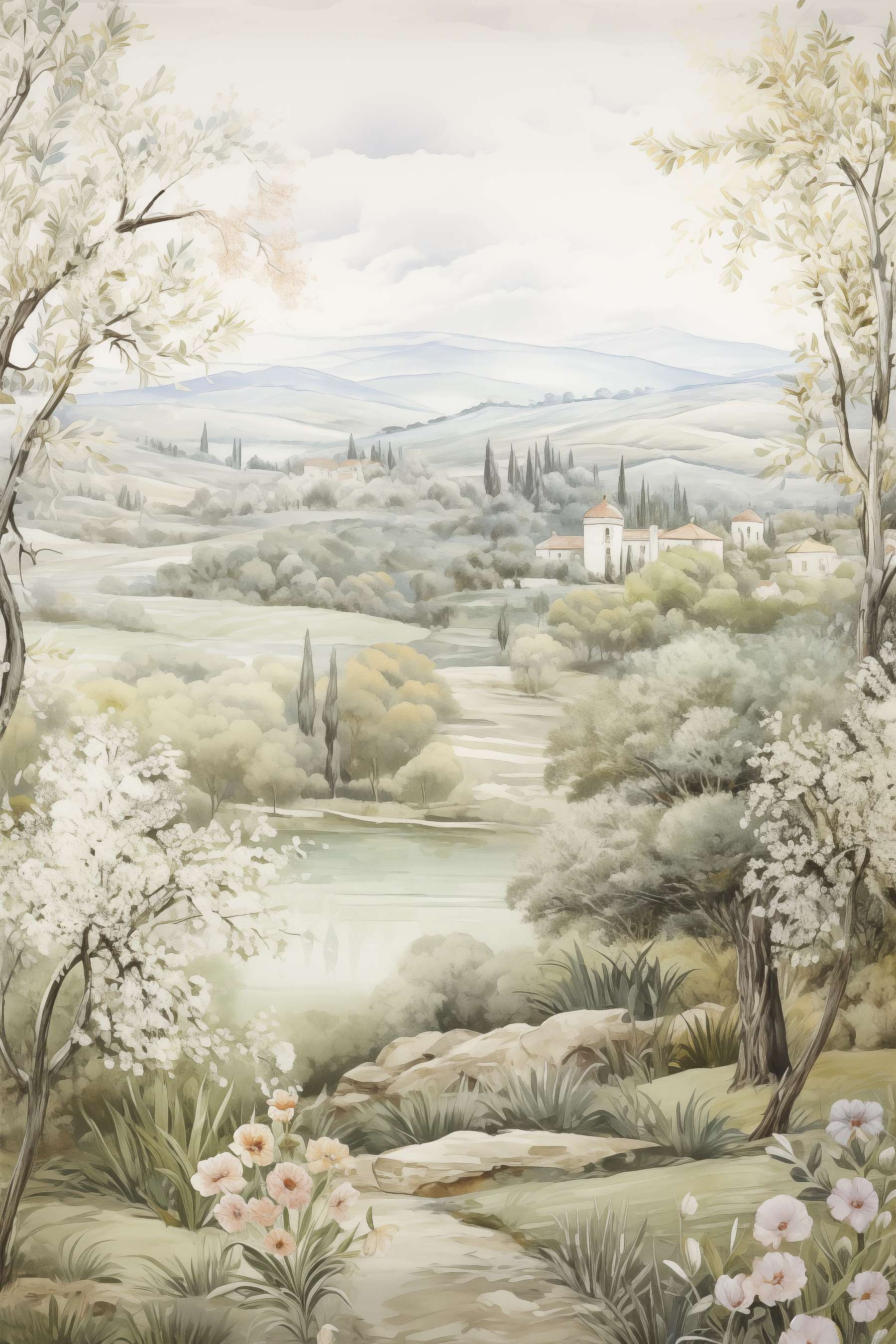 Painting of a landscape with trees and a river