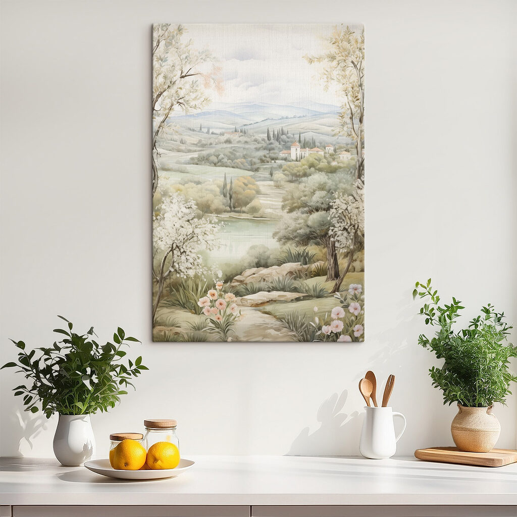 Painting of a landscape with trees and a river