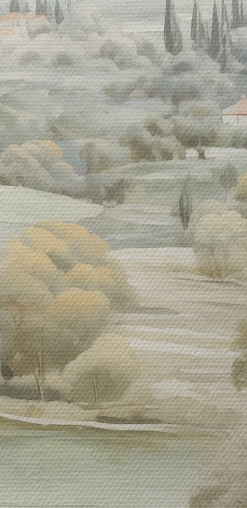 Painting of a landscape with trees and a river