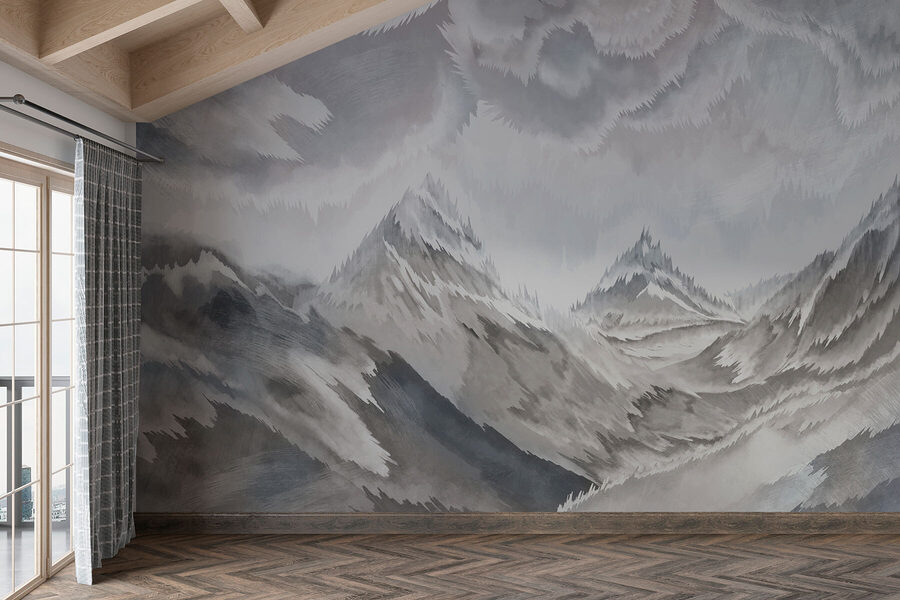 Pintura de montañas y nubes
