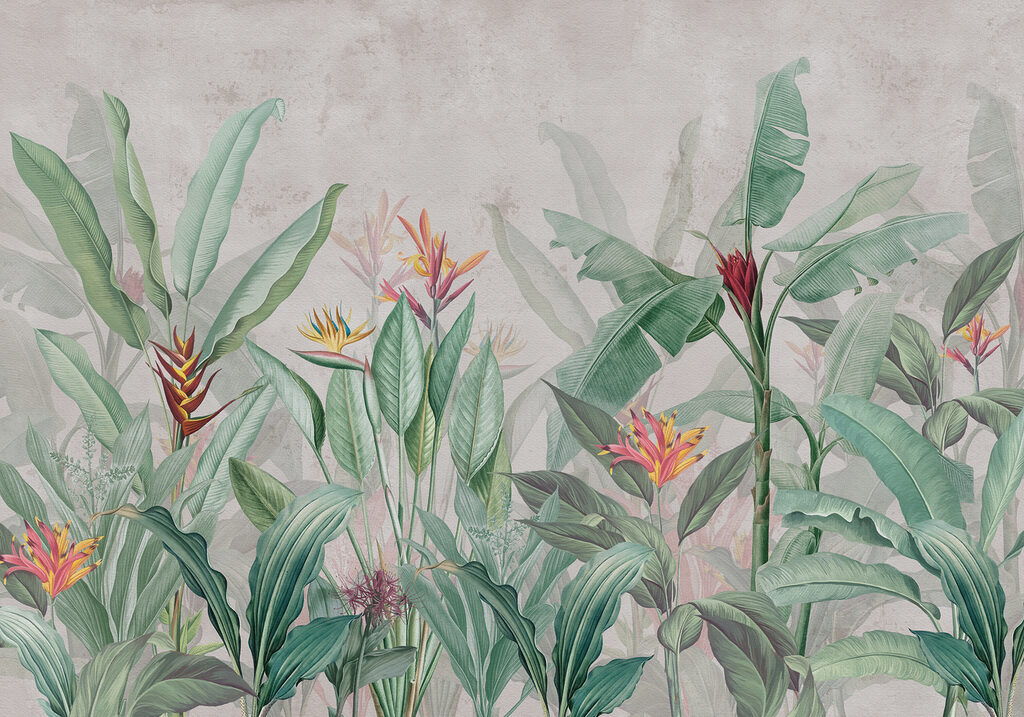 Papel pintado con motivos de flores y hojas Papel pintado con motivos de flores y hojas