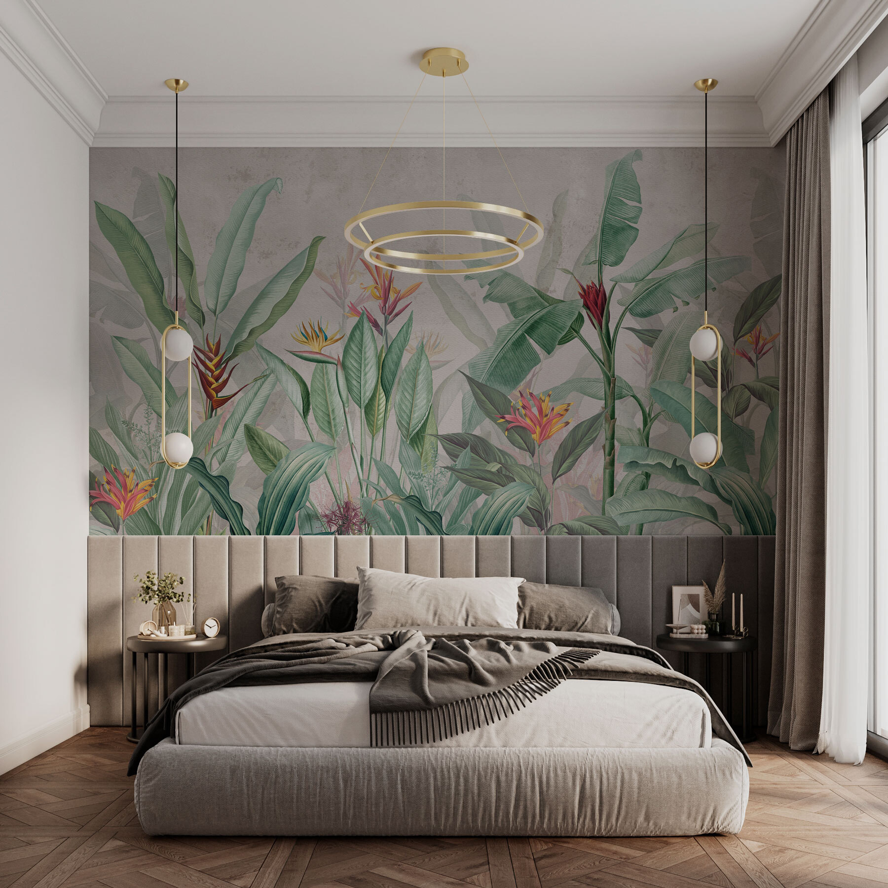 Wallpaper with a pattern of flowers and leaves