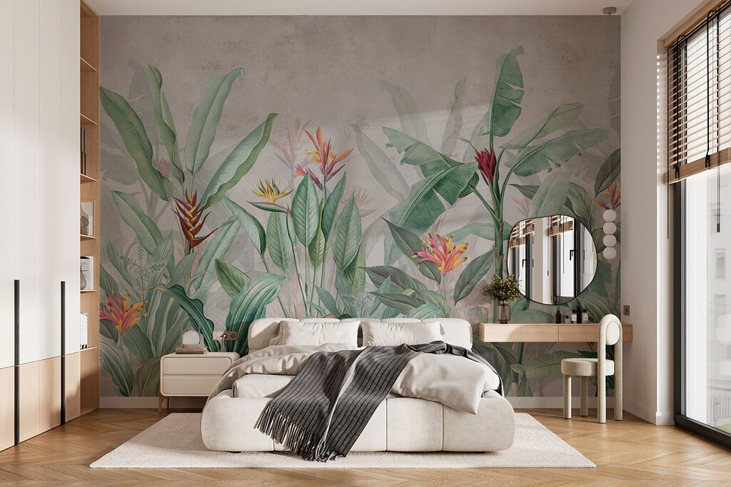 Wallpaper with a pattern of flowers and leaves
