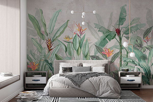 Papel pintado con motivos de flores y hojas Papel pintado con motivos de flores y hojas