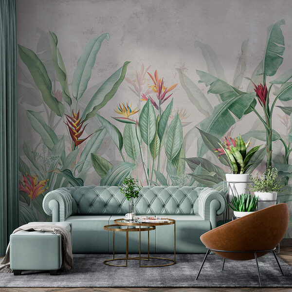Papel pintado con motivos de flores y hojas Papel pintado con motivos de flores y hojas