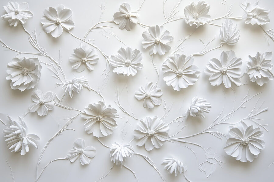 Flores de papel blanco sobre una superficie blanca Flores de papel blanco sobre una superficie blanca