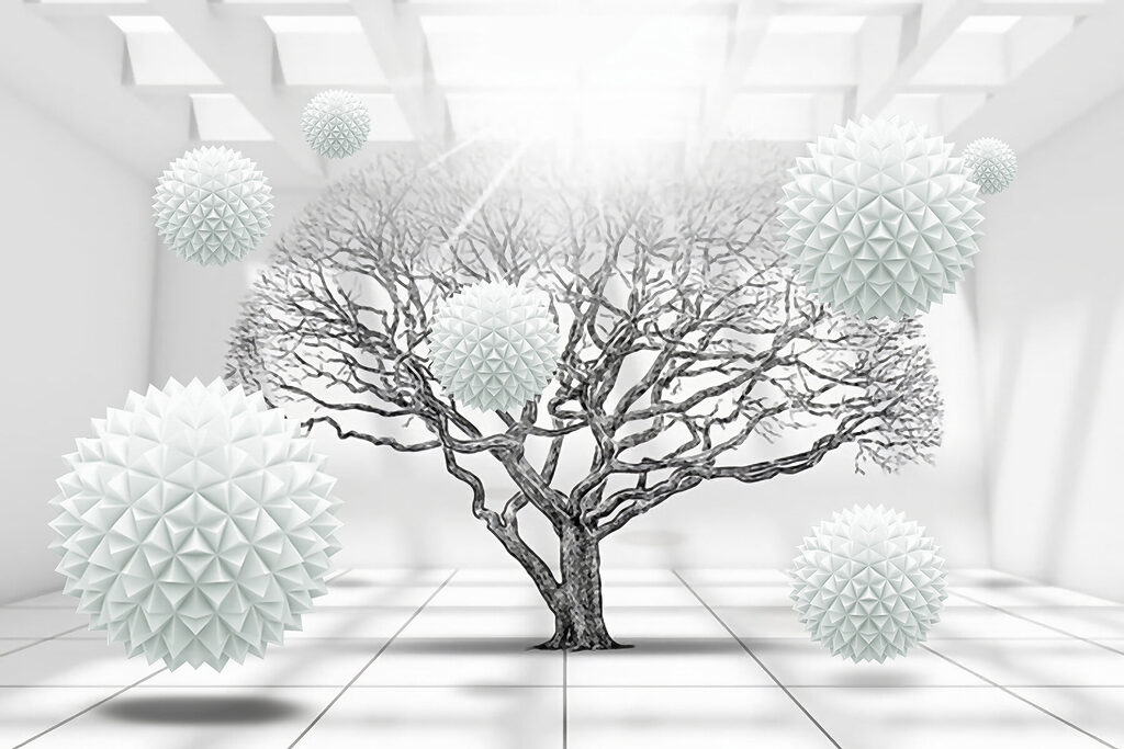 Tree with white balls floating in the air