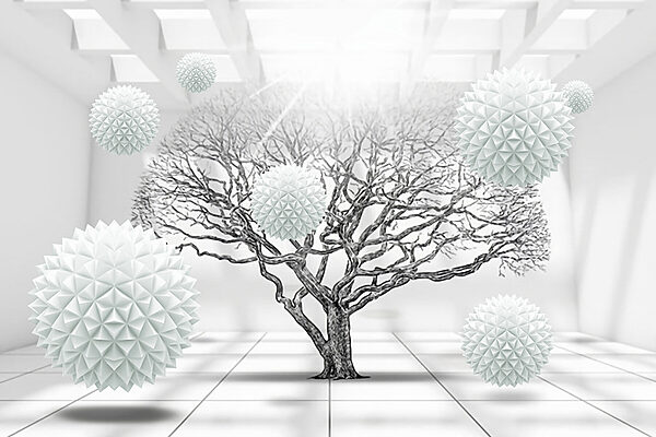Tree with white balls floating in the air
