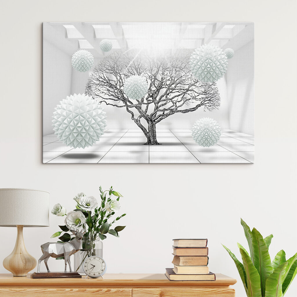 Tree with white balls floating in the air