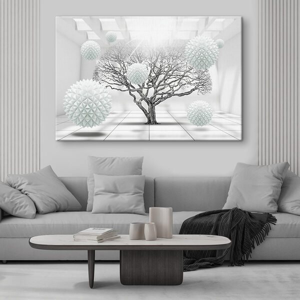 Tree with white balls floating in the air