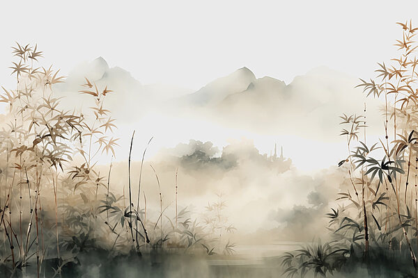 Pintura de un paisaje con plantas y niebla Pintura de un paisaje con plantas y niebla