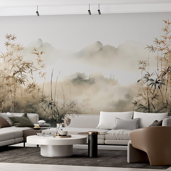 Pintura de un paisaje con plantas y niebla Pintura de un paisaje con plantas y niebla