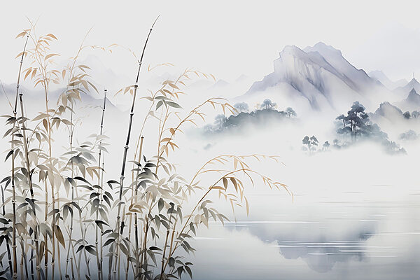 Pintura de un paisaje con un lago y montañas Pintura de un paisaje con un lago y montañas
