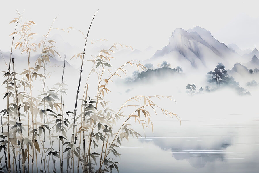 Pintura de un paisaje con un lago y montañas