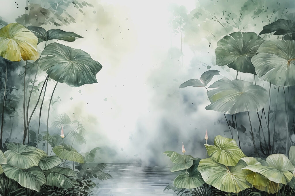 Pintura de un estanque con plantas y agua Pintura de un estanque con plantas y agua