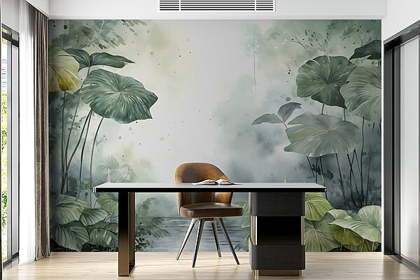 Pintura de un estanque con plantas y agua Pintura de un estanque con plantas y agua