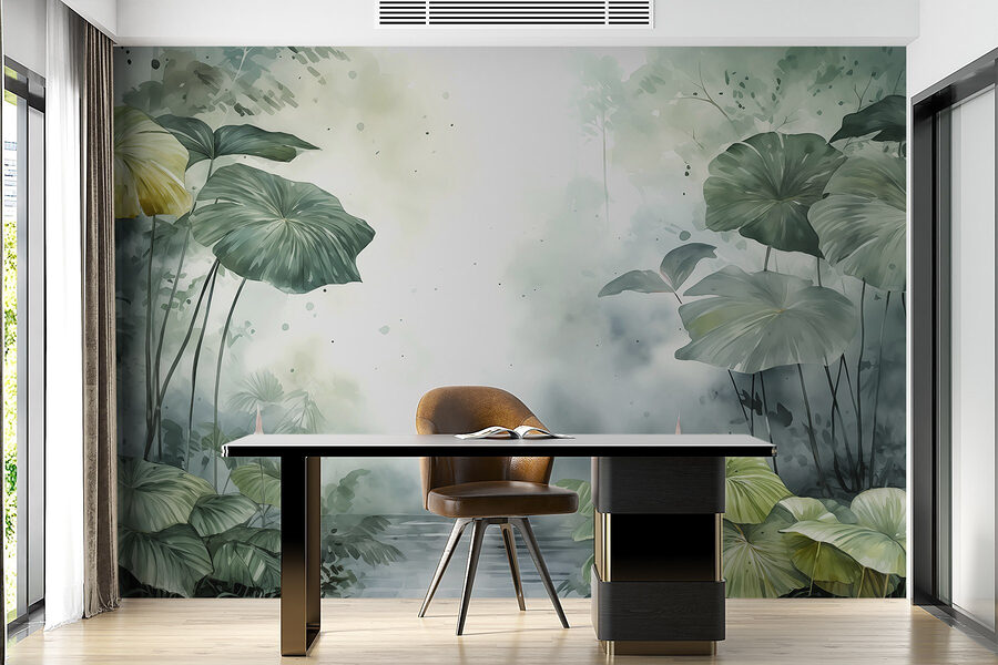 Pintura de un estanque con plantas y agua