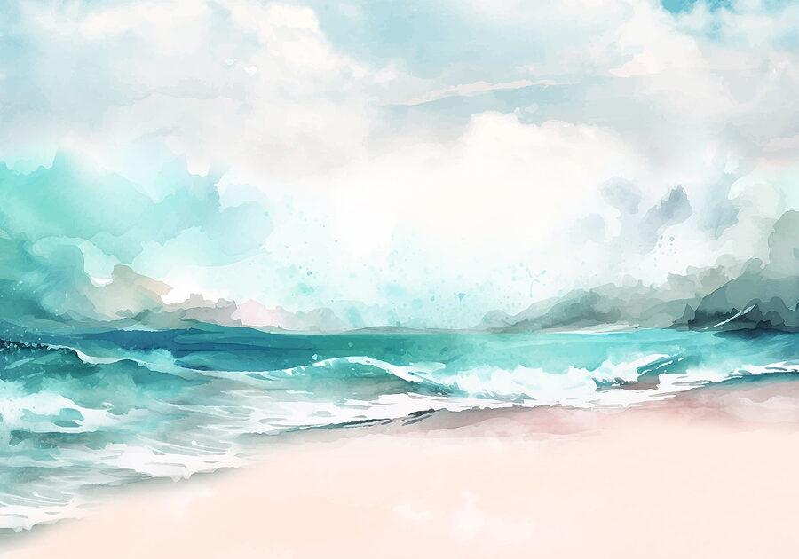 Acuarela de una playa con olas y nubes