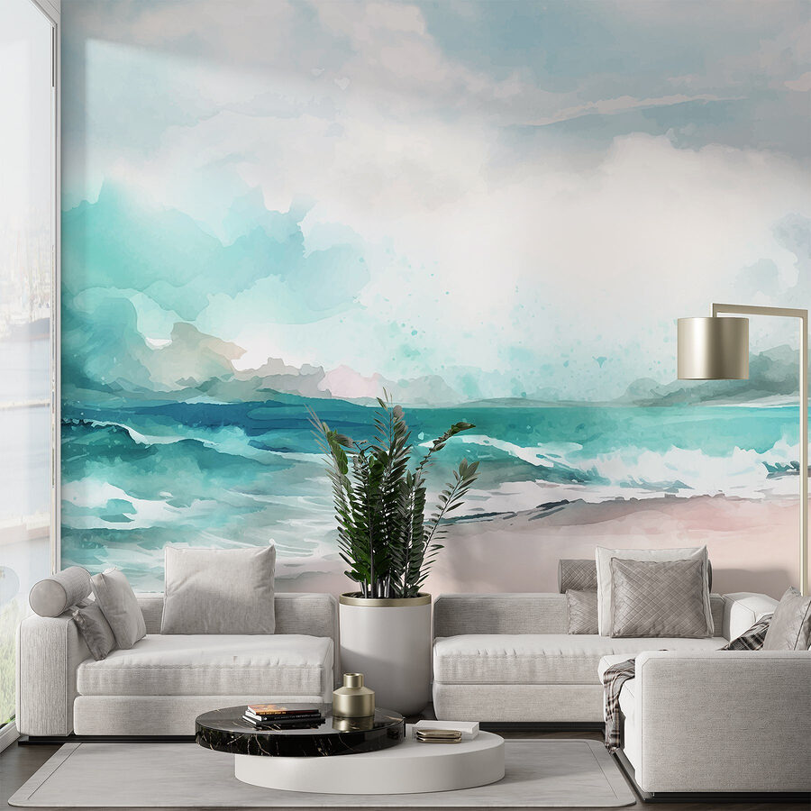 Acuarela de una playa con olas y nubes
