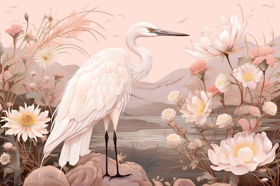 Pájaro blanco sobre rocas rodeado de flores