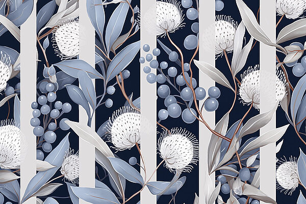 Floral pattern with blue and white flowers and leaves