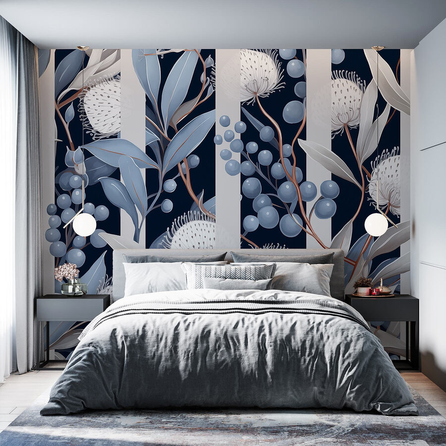Motivo floral con flores y hojas azules y blancas
