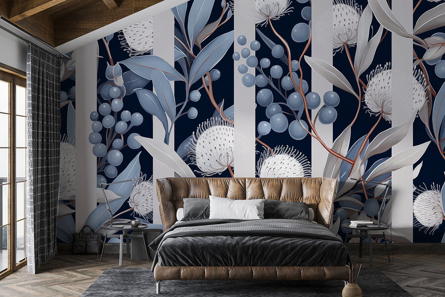 Motivo floral con flores y hojas azules y blancas