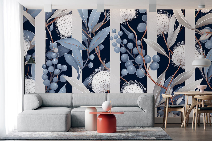 Motivo floral con flores y hojas azules y blancas