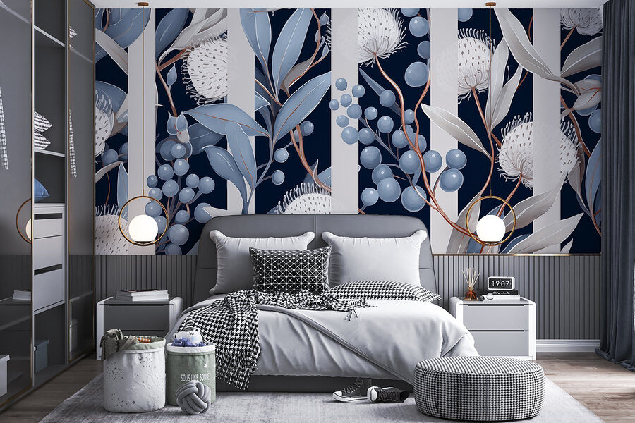 Motivo floral con flores y hojas azules y blancas