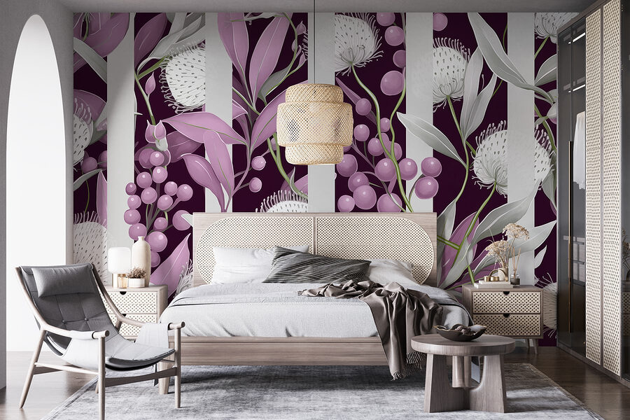 Motivo floral morado y blanco