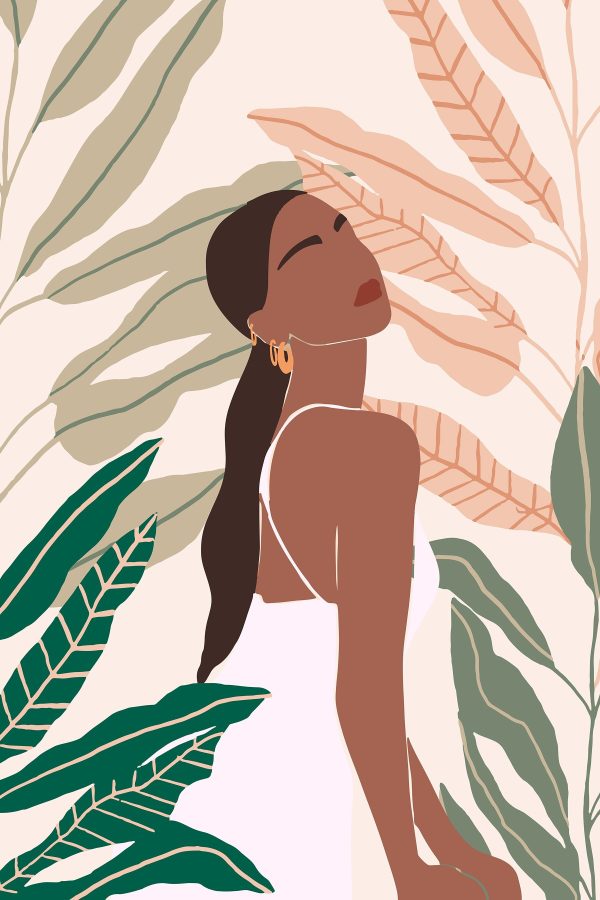 Woman serene among lush foliage Woman serene among lush foliage
