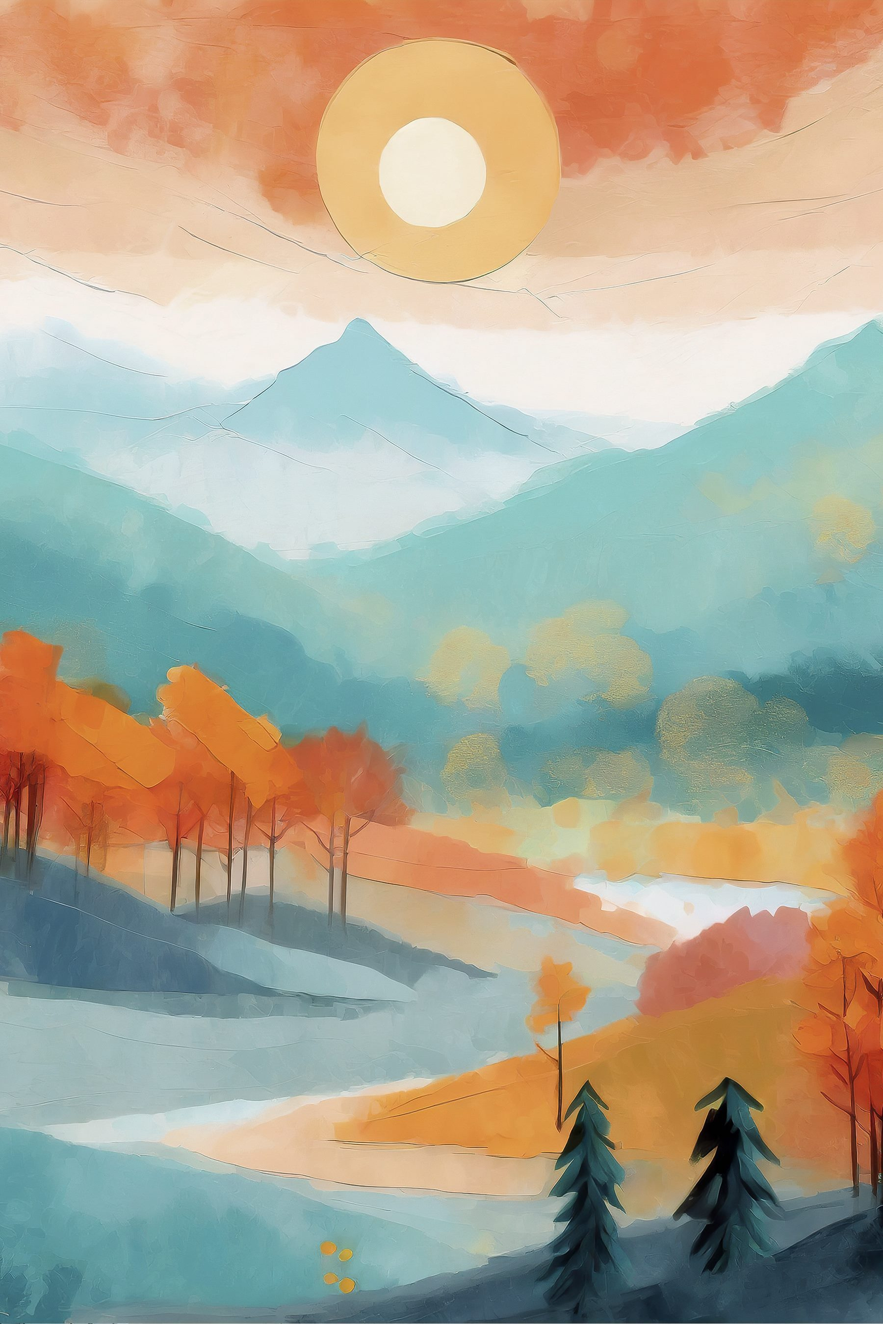 Painting of a landscape with trees and mountains Painting of a landscape with trees and mountains