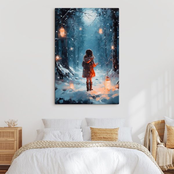 Cuadros Una niña de pie en un bosque nevado con linternas (SKU: s41277) Cuadros Cuadros Una niña de pie en un bosque nevado con linternas (SKU: s41277)