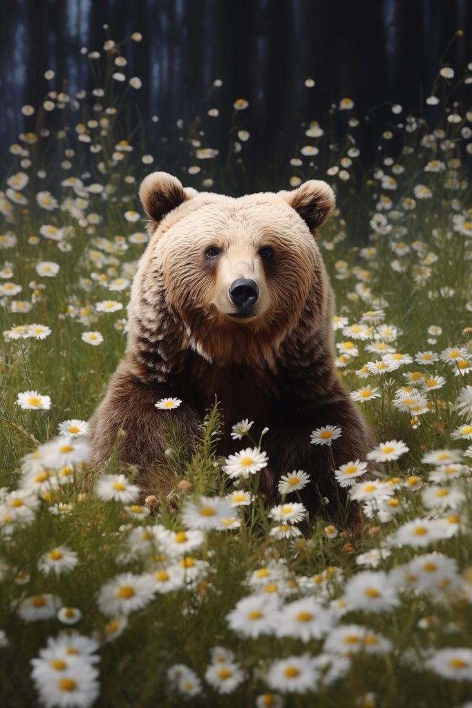 Bear sitting in a field of flowers