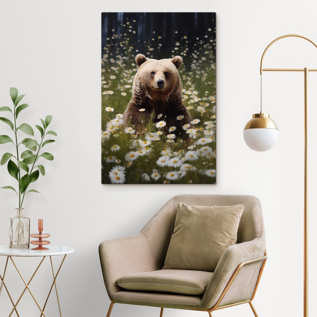 Bear sitting in a field of flowers