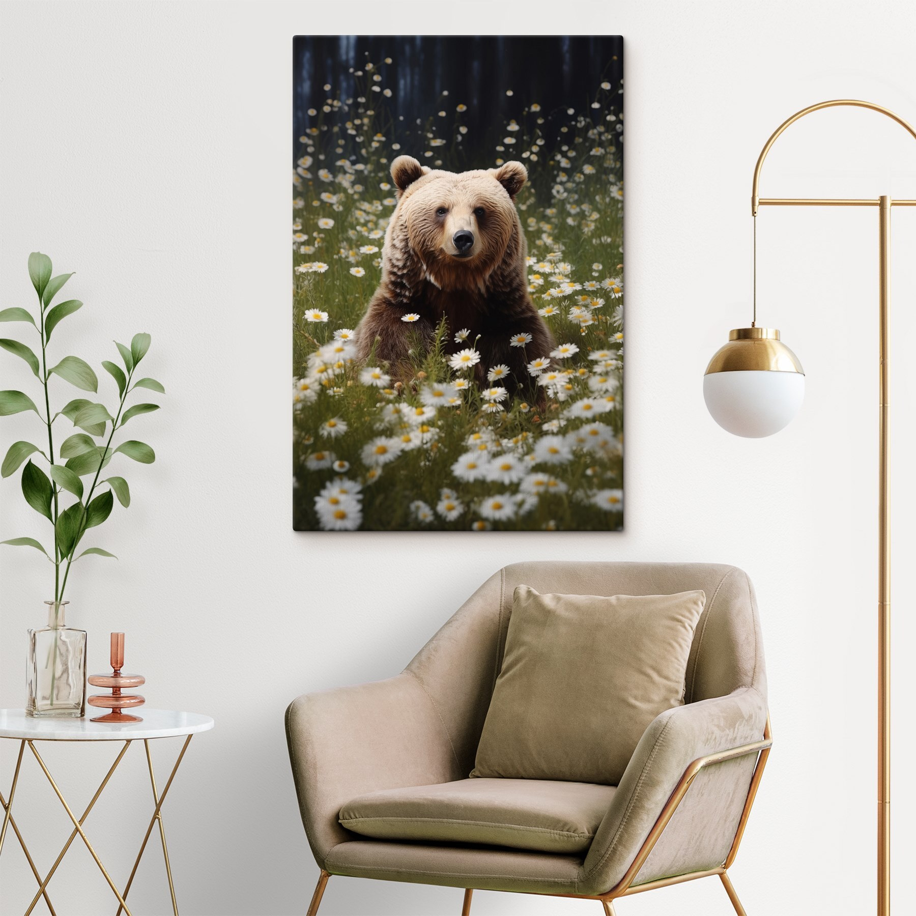 Bear sitting in a field of flowers