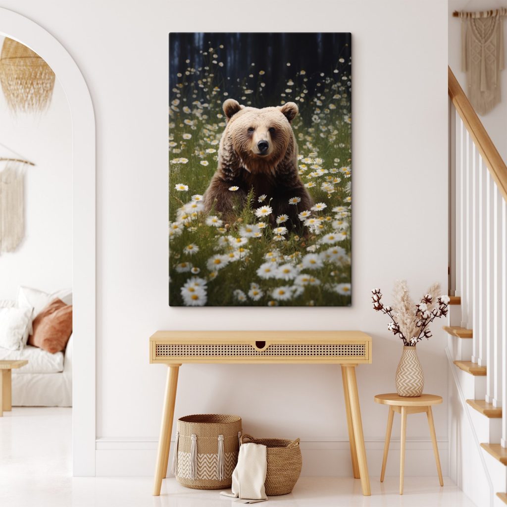 Bear sitting in a field of flowers