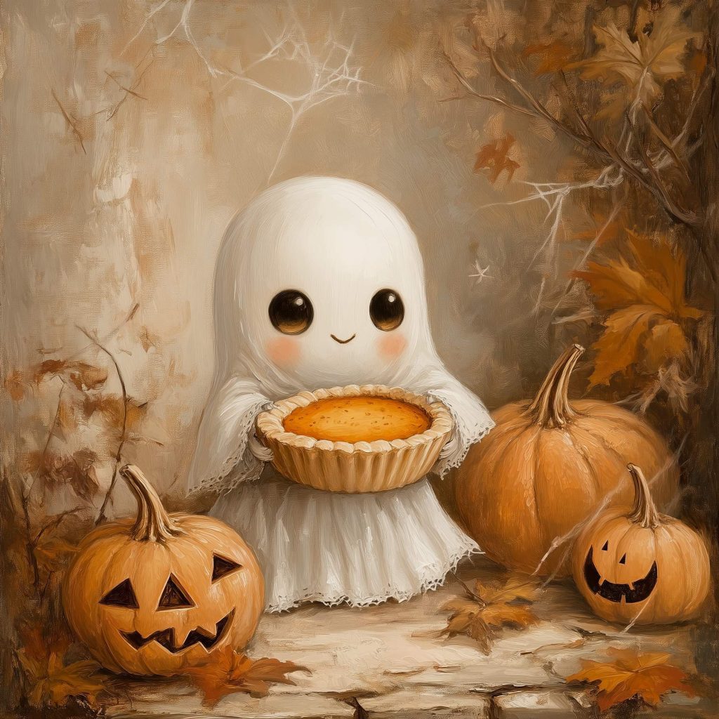 Painting of a ghost holding a pie Painting of a ghost holding a pie