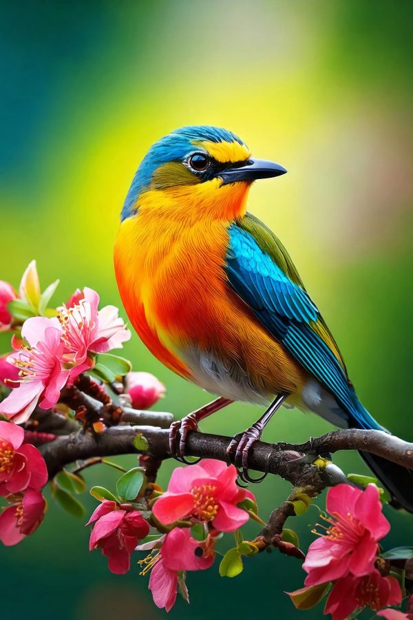 Colorful bird on a branch with pink flowers