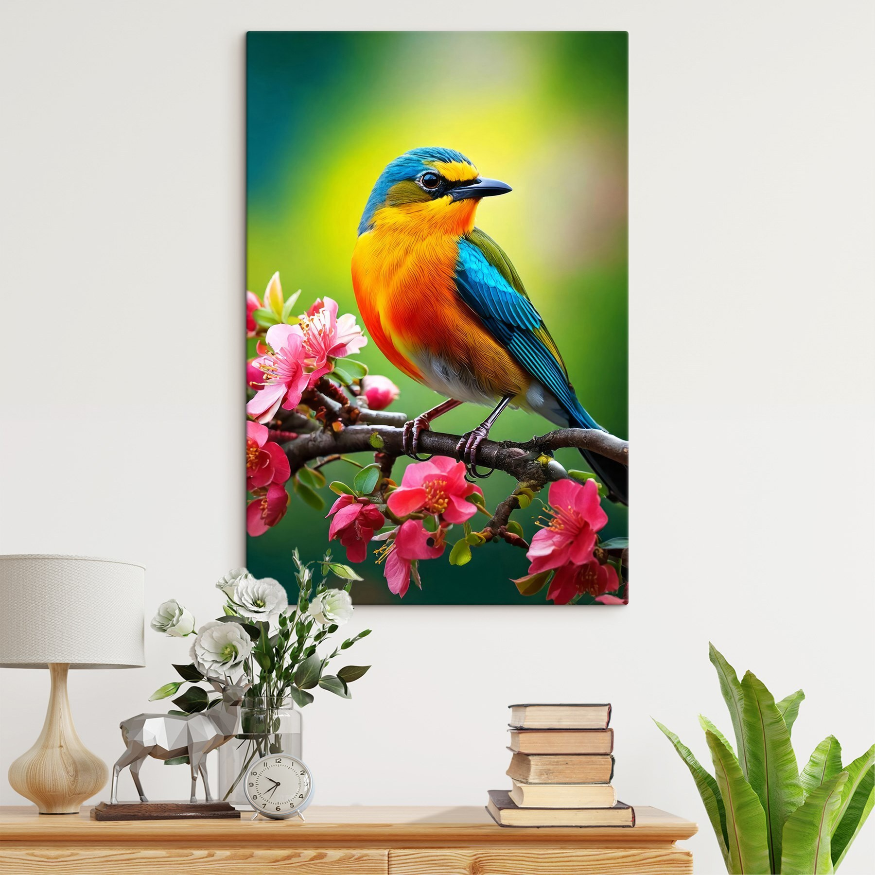 Colorful bird on a branch with pink flowers