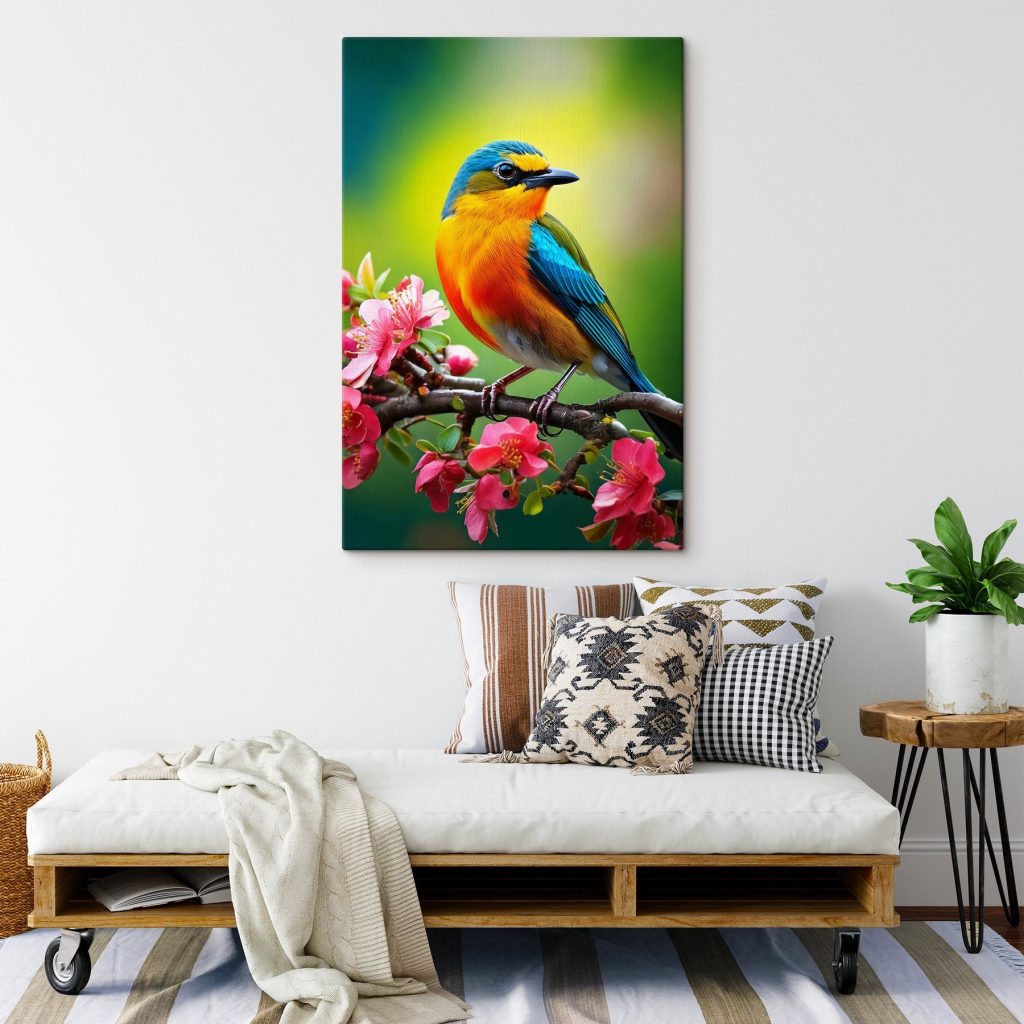 Colorful bird on a branch with pink flowers